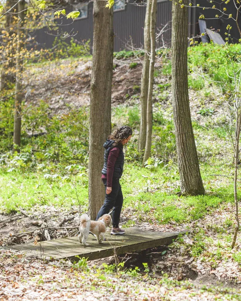 Heather stands on a low wooden boardwalk in spring woodland, looking down at her small dog beside her.